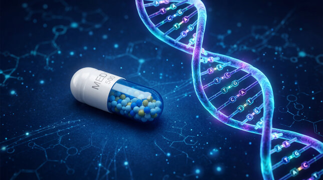 Capsule medicine beside dna strand on dark blue background, genetic research concept with pill and helix