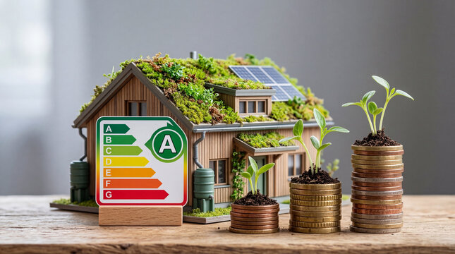 Sustainable home model green roof solar panel energy efficiency eco house plant sprout coin stack environmental concept renewable energy house model