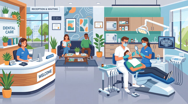 Modern dental clinic interior with reception and waiting room, patient treatment, and team care in flat vector style