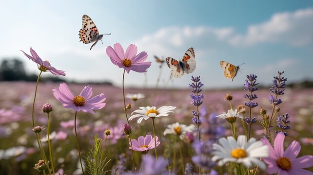 Wildflowers Blooming with Butterflies in Spring Meadow Colorful Nature Floral Landscape