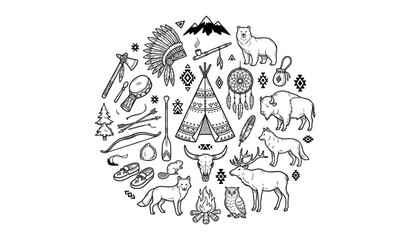 Fototapeta premium Native American culture and wild animals circle design vector illustration