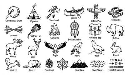 Indigenous american tribal elements and wildlife black and white vector illustration © MdSidur