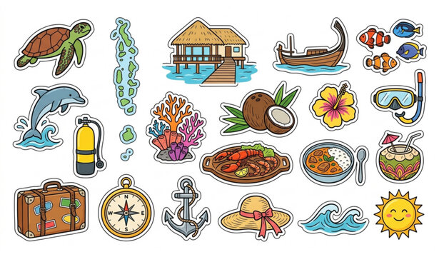 Maldives travel stickers set with tropical resort marine life and traditional culture vector