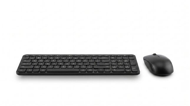 Black wireless keyboard and computer mouse on white background