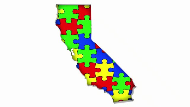 California CA State Map Autism Puzzle Pieces Awareness Autistic Symbol Spectrum 3d Animation