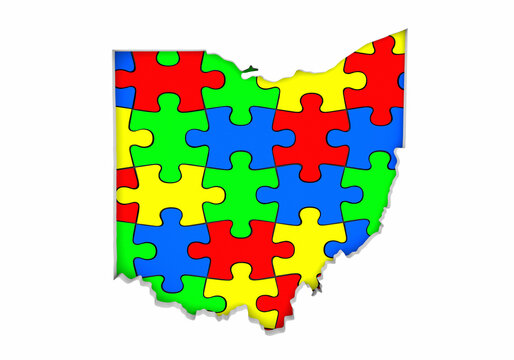 Ohio OH State Map Autism Puzzle Pieces Awareness Autistic Symbol Spectrum 3d Illustration