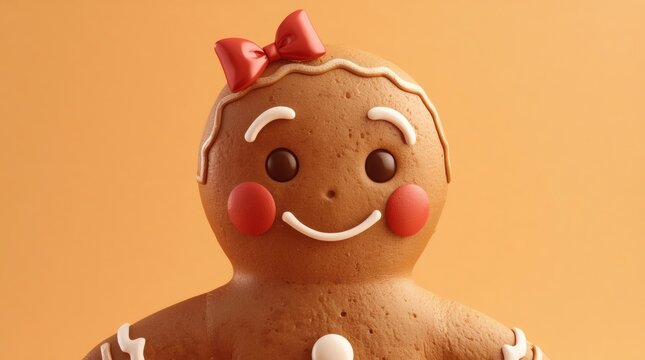 Cute gingerbread woman character with red bow and rosy cheeks, festive holiday baking