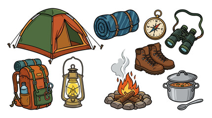 Fototapeta premium Camping Gear and Outdoor Adventure Essentials Collection.