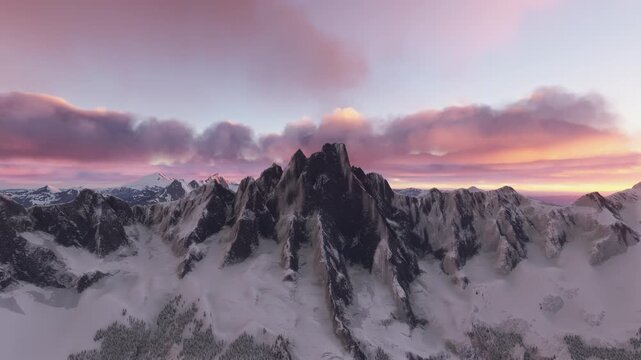 Sunset aerial drone shot of the snow at Slesse Mountain in Fraser Valley. Canada