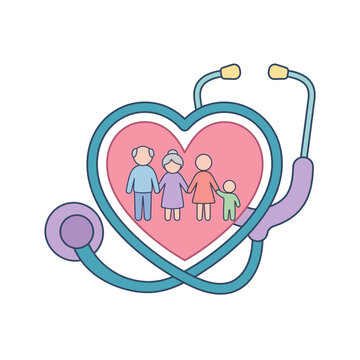 Family health care concept, stethoscope around heart with diverse generations