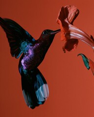 Fototapeta premium Iridescent violet sabrewing hummingbird feeding on a tropical flower with a warm crimson background for wildlife and nature conservation