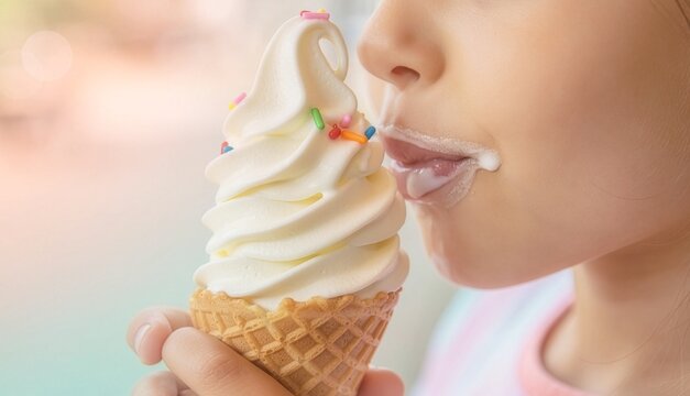 Macro shot of a young girl enjoying a soft-serve ice cream cone with creamy smudges on the corner of her mouth, shallow depth of field