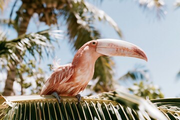 Fototapeta premium Pink toucan perched on a tropical palm leaf under bright sunlight, showing detailed feathers and a large beak for exotic wildlife and nature themes