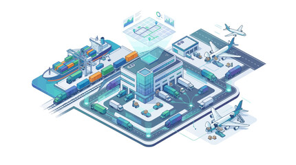 Fototapeta premium Isometric Smart City Logistics and Transportation Network.