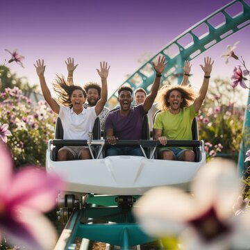 Diverse group of friends riding a roller coaster with arms raised in excitement at a theme park for travel brochures, youth lifestyle advertising and social media campaigns