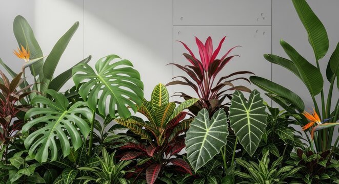 Diverse tropical garden border with monstera and flowers.