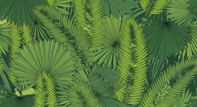 Dense green palm frond and fern leaf pattern.