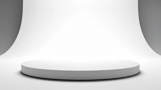 Minimalist white circular platform podium centered in front of curved studio background with bright professional lighting and soft shadows for product showcase display.