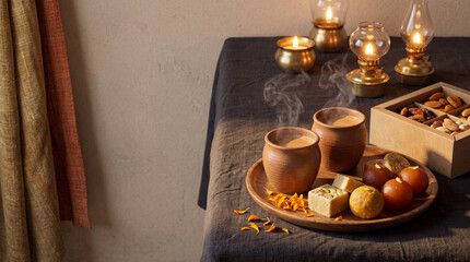 Fototapeta premium Festive tea and Indian sweets still life with oil lamps and copy space