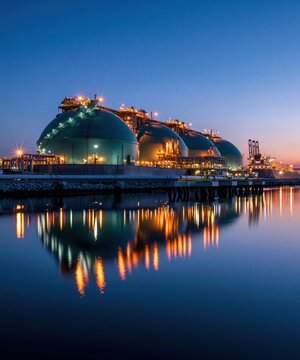 Large industrial storage tanks reflecting in water at sunset for energy sector advertising, natural gas industry reports and coastal infrastructure