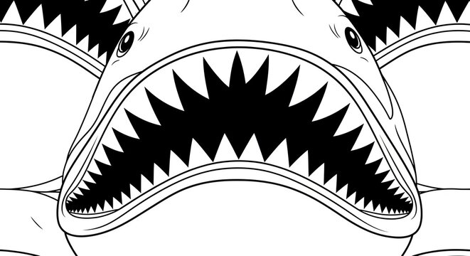 Group of sharks with open mouths line art illustration