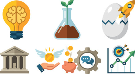 Obraz premium Set of colorful flat business and startup icons with light bulb, brain, plant, rocket, bank, money, gear and growth chart design