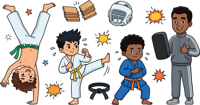Set of cartoon children practicing martial arts like karate and judo with a coach and sports equipment for athletic training