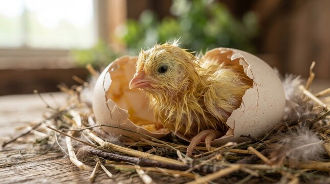 Newborn chick emerging from a cracked eggshell nest.