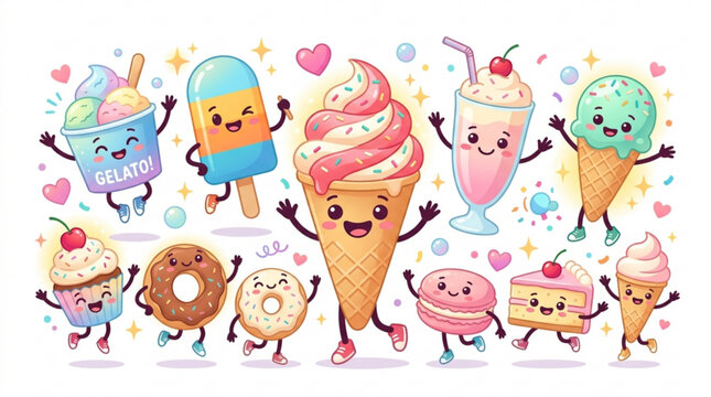 Colorful cartoon dessert characters dancing with joy