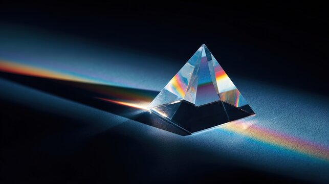 prism. Crystal prism refracting light into colors on a dark surface. STEM education sheets, lab safety posters, designed for biotech research communications, used by performance marketers.