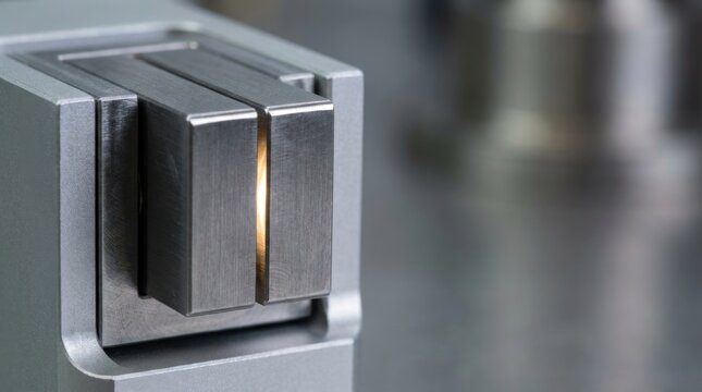 Precision Alignment of Brushed Metal Plates with Illuminated Gap in Compact Industrial Engineering Module with Right Side Copy Space