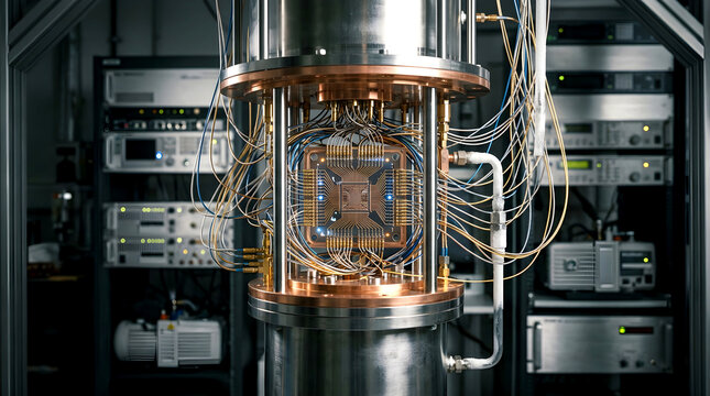 Quantum computing processor array mounted inside a cryogenic dilution refrigerator core for advanced scientific research