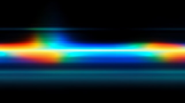 Abstract colorful anamorphic lens flare and light leak on black background for cinematic video overlay and creative photo editing