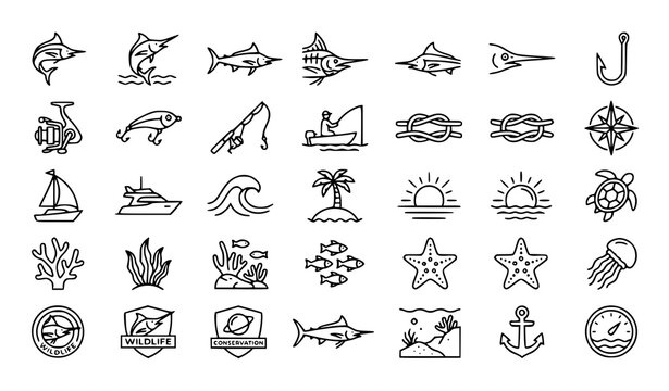 Minimal Marlin Outline Icon Pack with Billfish Ocean Fishing Marine Wildlife and Nautical Symbols Vector Illustration