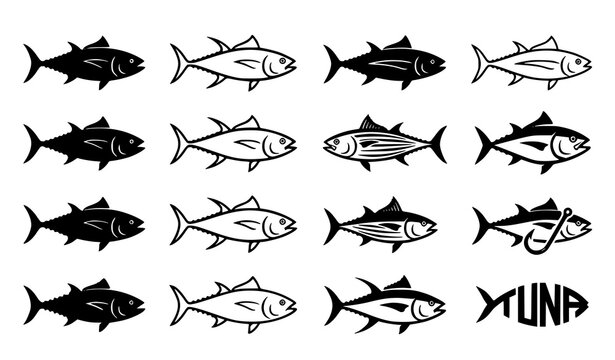 Modern tuna logo and silhouette vector collection with ocean fish and seafood icons