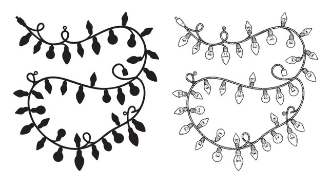 black vector bundle icon of string lights with bulbs and lea