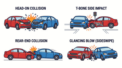 Fototapeta premium Illustration showing four different types of car accidents including head on and rear end collisions.