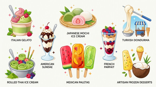 Global frozen dessert vector set with italian gelato mochi