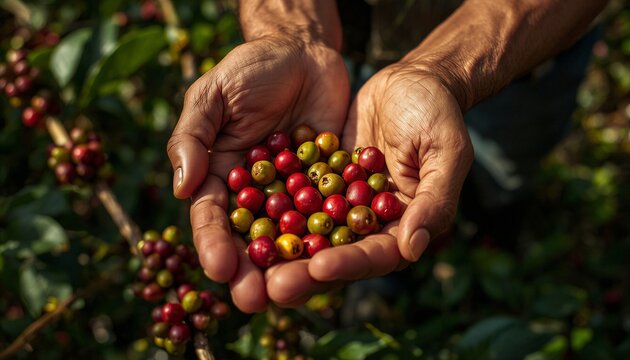 Fresh Ripe Coffee Cherries Harvested in Farmer Hands Close Up