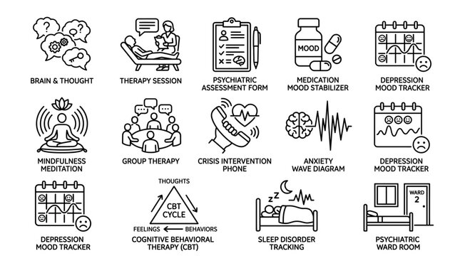 Mental health and psychiatric treatment icons set.