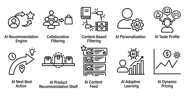 Artificial Intelligence Recommendation Engine and Marketing Technology Icons Set.