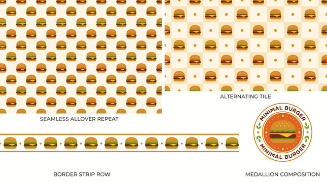 Minimalist burger seamless pattern set with border and medallion.