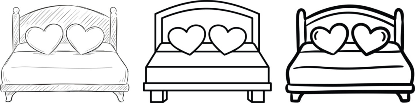 Hand drawn double bed with heart pillows vector icon set for wedding honeymoon and romantic bedroom design