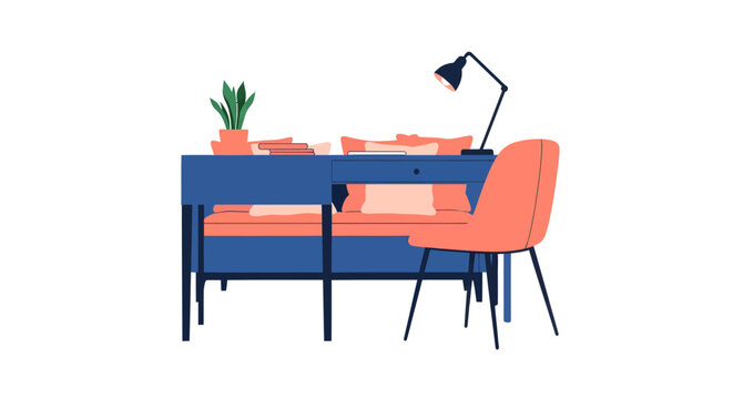 Modern Home Office Desk With Colorful Chairs And Lamp.