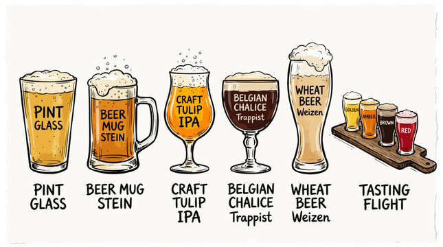 Beer glassware guide showing different types of beer glasses and a tasting flight.