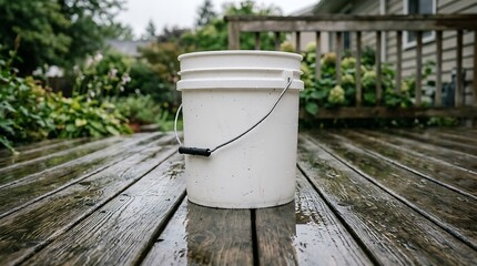 Fototapeta premium Empty white plastic bucket with metal handle sitting on a wet wooden deck in a garden. 5 gallon bucket