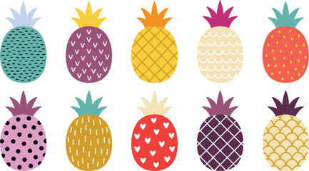 Colorful pineapple vector icons set with cute abstract geometric patterns for summer textile and wallpaper design © Rakib