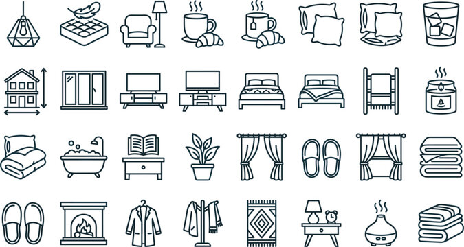 Cozy home and bedroom line icons set with bed fireplace slippers candle vector outline for interior design