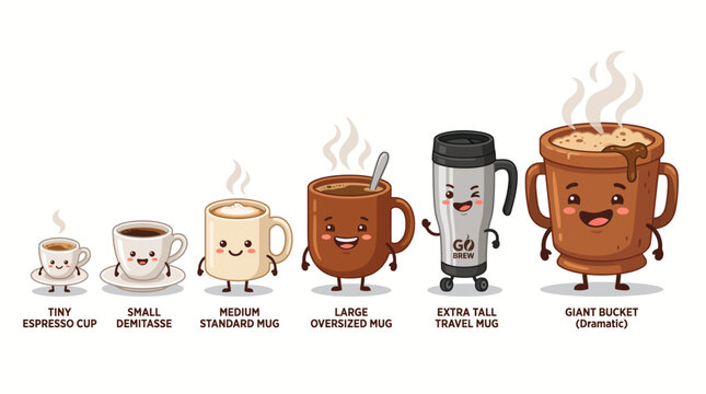 Cartoon coffee mugs and cups size comparison set.
