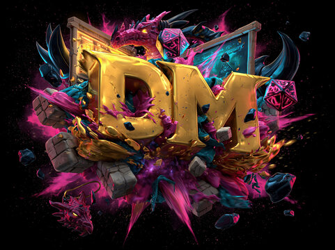 Vibrant, dynamic artwork featuring DM in bold golden letters with a burst effect, surrounded by colorful splashes, neon glow, ultimate storyteller elements glowing screen, dragon horns - AI-Generated